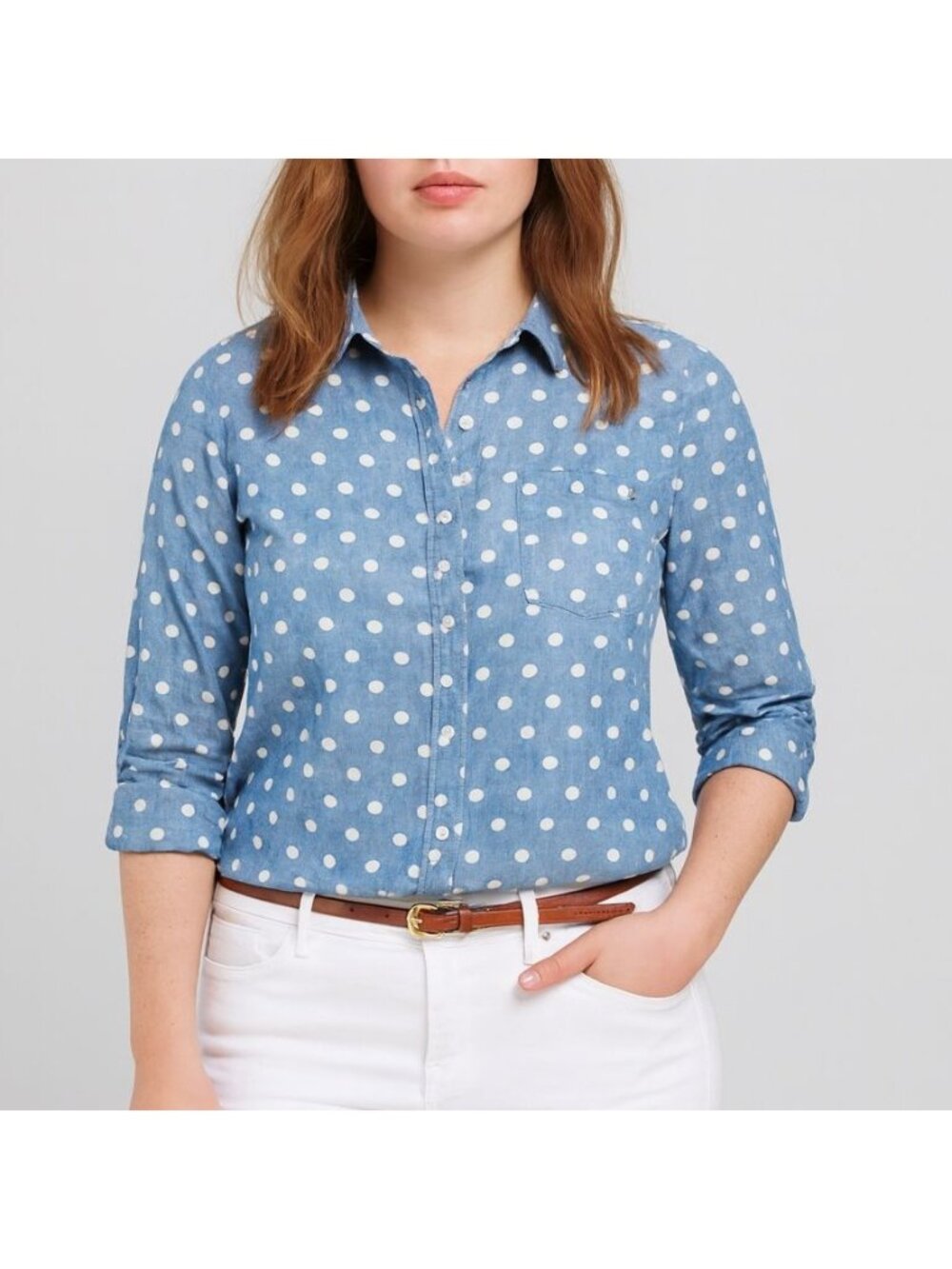 Tommy Hilfiger Womens Shirt Chambray Polka Dot Roll-Tab Sleeve Button Up Size L